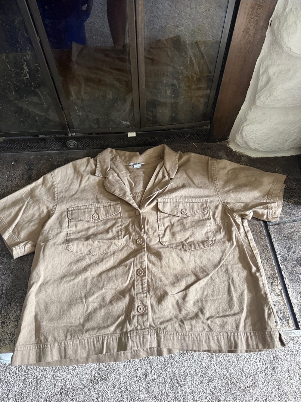 Eddie Bauer Short-Sleeve Button-Down Camp Shirt in Beige